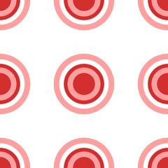 Poster - Seamless pattern of large isolated red radio button symbols. The elements are evenly spaced. Illustration on light red background