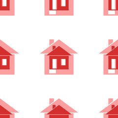 Poster - Seamless pattern of large isolated red house symbols. The elements are evenly spaced. Illustration on light red background