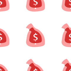 Poster - Seamless pattern of large isolated red bag of money symbols. The elements are evenly spaced. Illustration on light red background