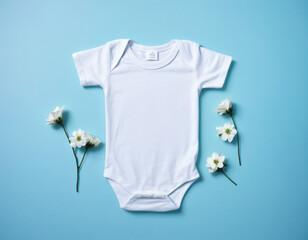 Wall Mural - Baby Clothing Store Display, Flat Lay of Adorable White Baby Onesie Surrounded by White Flowers on Blue Background – Newborn Apparel, Baby Fashion, Infant Clothing, Minimalist Design.
