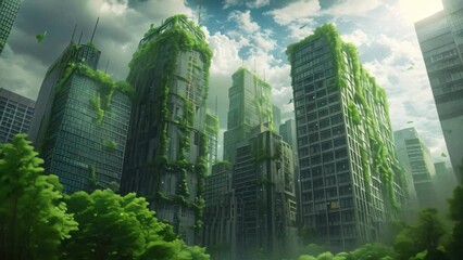 Canvas Print - Tall Buildings Surrounded by Trees, Post-apocalyptic cityscape taken over by nature, with ivy-covered skyscrapers