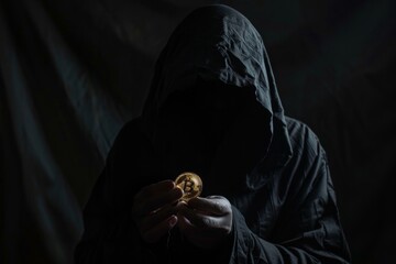 Person in the dark wearing a hood holding bitcoin against a simple black background