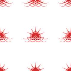 Poster - Seamless pattern of large isolated red sunrise at sea symbols. The elements are evenly spaced. Illustration on light red background