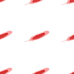 Poster - Seamless pattern of large isolated red feather symbols. The elements are evenly spaced. Illustration on light red background