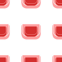Poster - Seamless pattern of large isolated red ladies handbag symbols. The elements are evenly spaced. Illustration on light red background