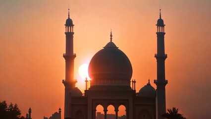 Poster - A photo capturing the moment when the sun is setting behind a towering building, casting a warm glow on the surroundings, The graceful silhouette of a mosque against a sunrise