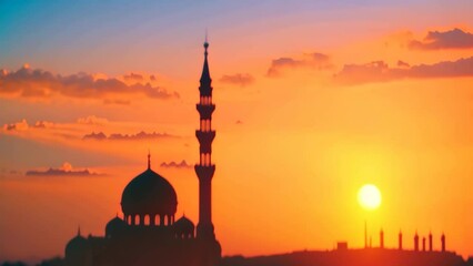 Sticker - The sun is setting behind a tall building, casting long shadows and creating a striking silhouette against the sky, The graceful silhouette of a mosque against a sunrise