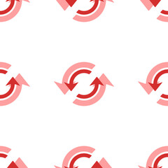 Poster - Seamless pattern of large isolated red refresh symbols. The elements are evenly spaced. Illustration on light red background