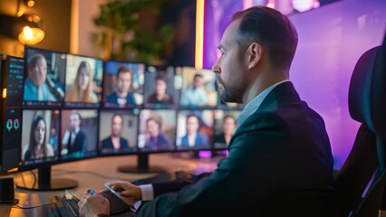 Wall Mural - A man is seated in front of a computer monitor, engaged in work or leisure activities, Visual manifestation of online conferences