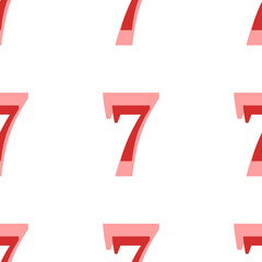 Poster - Seamless pattern of large isolated red number seven symbols. The elements are evenly spaced. Illustration on light red background