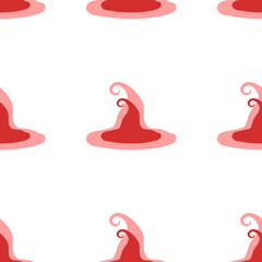 Poster - Seamless pattern of large isolated red witch hat symbols. The elements are evenly spaced. Illustration on light red background