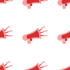 Poster - Seamless pattern of large isolated red megaphone symbols. The elements are evenly spaced. Illustration on light red background