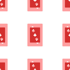 Poster - Seamless pattern of large isolated red Three of Clubs playing cards. The elements are evenly spaced. Illustration on light red background