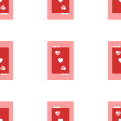 Wall Mural - Seamless pattern of large isolated red Three of hearts playing cards. The elements are evenly spaced. Illustration on light red background