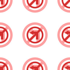 Poster - Seamless pattern of large isolated red no left turn signs. The elements are evenly spaced. Illustration on light red background