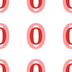 Poster - Seamless pattern of large isolated red number zero symbols. The elements are evenly spaced. Illustration on light red background