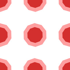 Poster - Seamless pattern of large isolated red decagon symbols. The elements are evenly spaced. Illustration on light red background