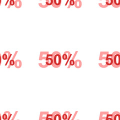 Poster - Seamless pattern of large isolated red 50 percent symbols. The elements are evenly spaced. Illustration on light red background