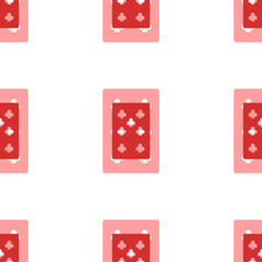 Poster - Seamless pattern of large isolated red seven of clubs playing cards. The elements are evenly spaced. Illustration on light red background