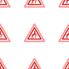 Poster - Seamless pattern of large isolated red wild animals road signs. The elements are evenly spaced. Illustration on light red background