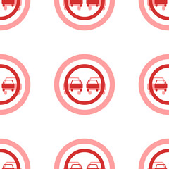 Poster - Seamless pattern of large isolated red no overtaking signs. The elements are evenly spaced. Illustration on light red background