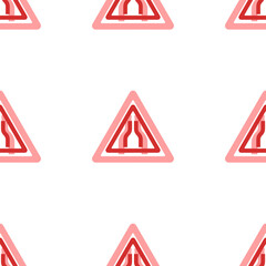 Poster - Seamless pattern of large isolated red road narrowing signs. The elements are evenly spaced. Illustration on light red background