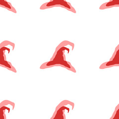 Poster - Seamless pattern of large isolated red wizard hat symbols. The elements are evenly spaced. Illustration on light red background