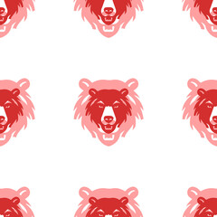 Poster - Seamless pattern of large isolated red bear head symbols. The elements are evenly spaced. Illustration on light red background