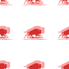 Poster - Seamless pattern of large isolated red wild buffalos. The elements are evenly spaced. Illustration on light red background