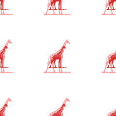 Poster - Seamless pattern of large isolated red wild giraffe symbols. The elements are evenly spaced. Illustration on light red background
