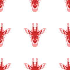 Poster - Seamless pattern of large isolated red giraffe head symbols. The elements are evenly spaced. Illustration on light red background