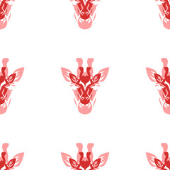 Poster - Seamless pattern of large isolated red giraffe head symbols. The elements are evenly spaced. Illustration on light red background