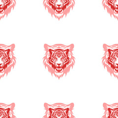 Poster - Seamless pattern of large isolated red tiger head symbols. The elements are evenly spaced. Illustration on light red background