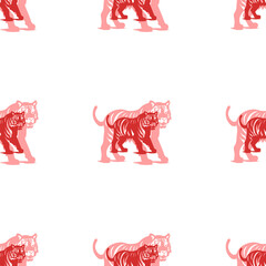 Poster - Seamless pattern of large isolated red tiger symbols. The elements are evenly spaced. Illustration on light red background