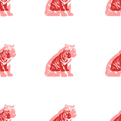 Poster - Seamless pattern of large isolated red sitting tiger symbols. The elements are evenly spaced. Illustration on light red background