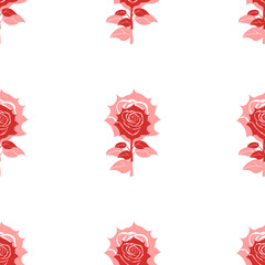 Poster - Seamless pattern of large isolated red rose flowers. The elements are evenly spaced. Illustration on light red background