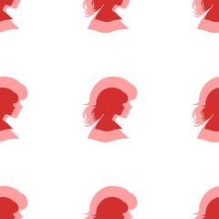 Seamless pattern of large isolated red woman face profile symbols. The elements are evenly spaced. Illustration on light red background