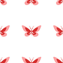 Poster - Seamless pattern of large isolated red butterfly symbols. The elements are evenly spaced. Illustration on light red background