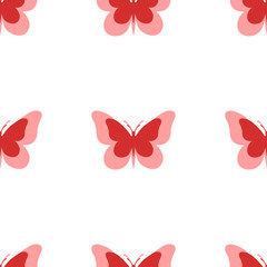 Poster - Seamless pattern of large isolated red butterfly symbols. The elements are evenly spaced. Illustration on light red background