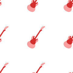 Poster - Seamless pattern of large isolated red guitar symbols. The elements are evenly spaced. Illustration on light red background