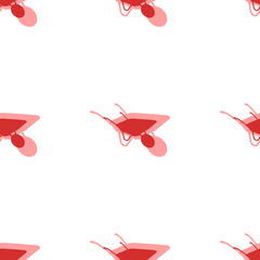 Poster - Seamless pattern of large isolated red garden carts. The elements are evenly spaced. Illustration on light red background