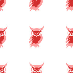 Poster - Seamless pattern of large isolated red owl symbols. The elements are evenly spaced. Illustration on light red background