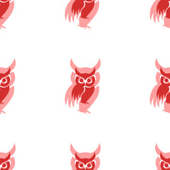 Poster - Seamless pattern of large isolated red owl symbols. The elements are evenly spaced. Illustration on light red background