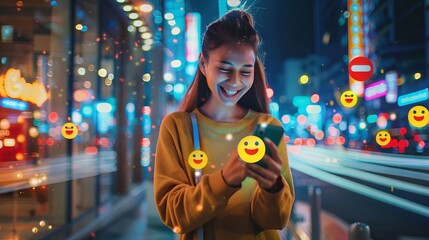 happy young woman using a mobile phone and social media with emoji symbols on a city street at night