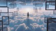 © Summit Art Creations - Person standing on a surreal landscape with floating geometric shapes. People walks while surrounded with cube floating around at night sky. Conceptual artwork for imagination and creativity. AIG35.