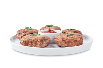 Wall Mural - Buckwheat porridge ground meat onion burgers on a white isolated background