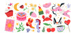 © Limpreom - Cartoon doodle groovy stickers set. 90s cute design. sweets, flowers, berries, characters, birds. Retro hippie acid set. Trendy patches, labels, tags, stickers, stamps