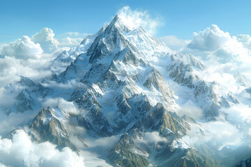 Poster - A majestic mountain range stretching as far as the eye can see, its snow-capped peaks reaching towards the heavens. Concept of natural grandeur and majesty. Generative Ai.