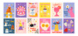 © Limpreom - Happy Birthday cards in cartoon retro 90s style. Minimalist cards. Celebration congratulations posters with cakes and sweets. Vector bright template for party, event.