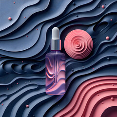 Wall Mural - An azure dropper bottle on a pink and blue background in a natural environment